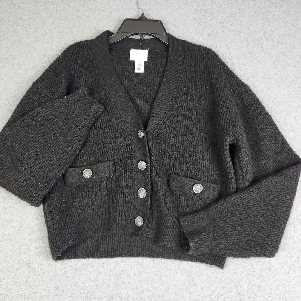H&M Cardigan Sweater Womens XS‎ Black Ribbed Knit Cropped V-Neck Button Front